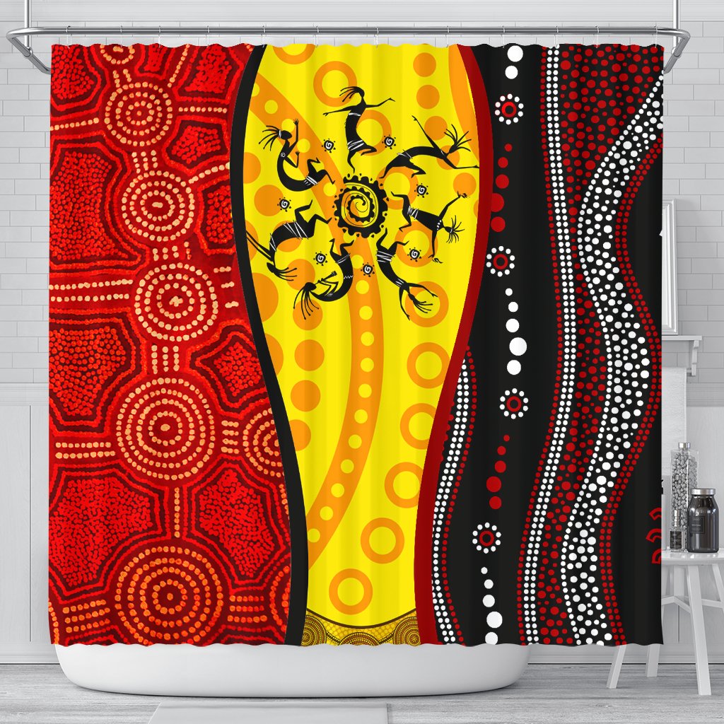 aborginal-shower-curtains-dreamtime-koori-dance-dot-acrylic-paint