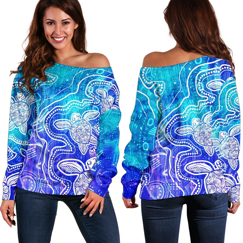 Aboriginal Women's Off Shoulder Sweaters- Sea Turtle With Indigenous Patterns (Blue) - Vibe Hoodie
