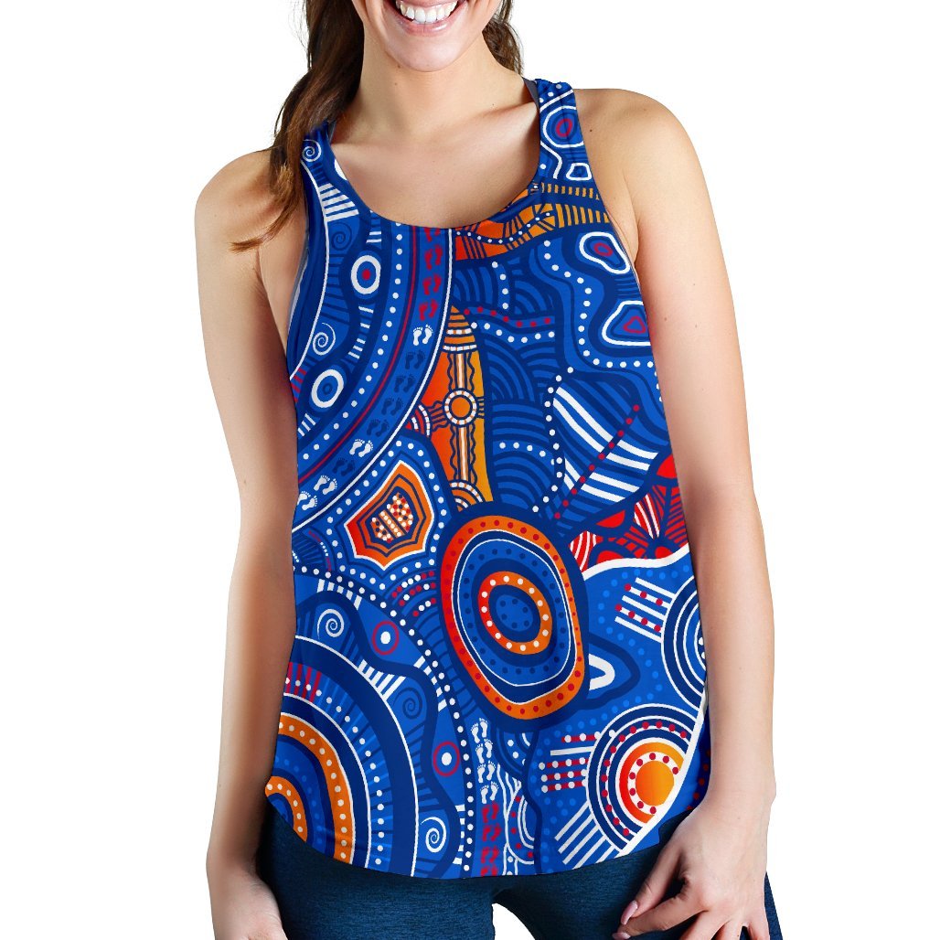 Aboriginal Women's Racerback Tank - Indigenous Footprint Patterns Blue Color - Vibe Hoodie