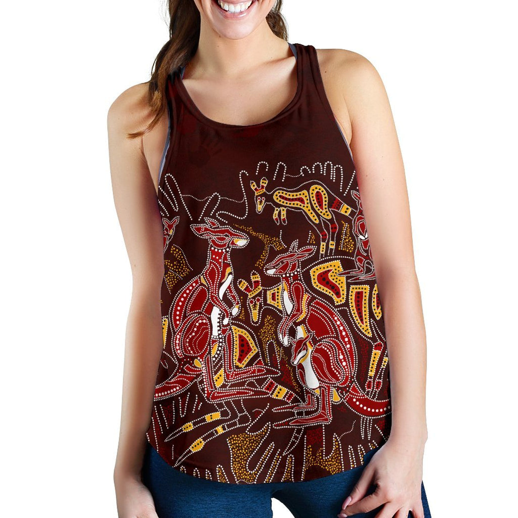 Aboriginal Women's Racerback Tank - Kangaroo family with Hand Art - Vibe Hoodie