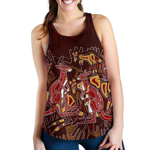 Aboriginal Women's Racerback Tank - Kangaroo family with Hand Art - Vibe Hoodie