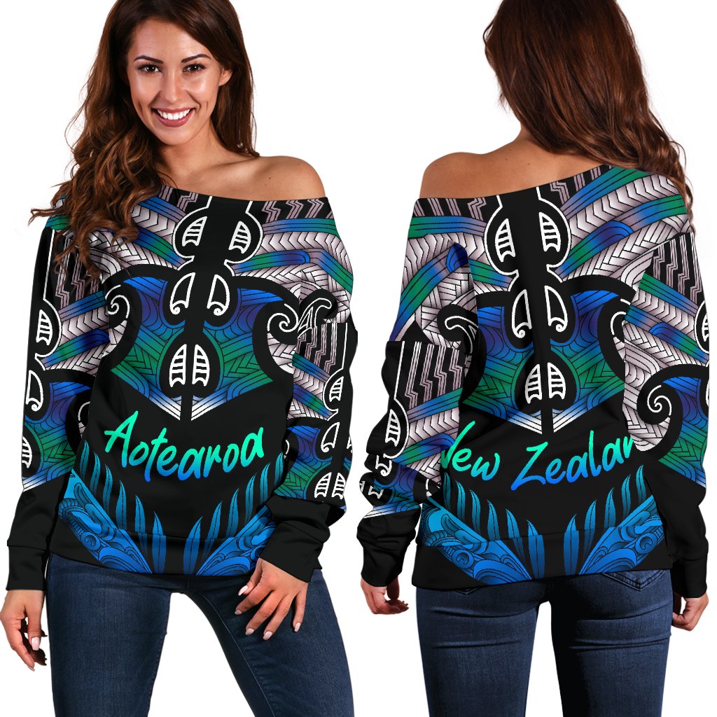 Aotearoa Women Off Shoulder Sweater Silver Fern Tangaroa - Vibe Hoodie