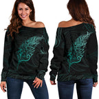 Light Silver Fern Off Shoulder Sweater - Turquoise - Vibe Hoodie