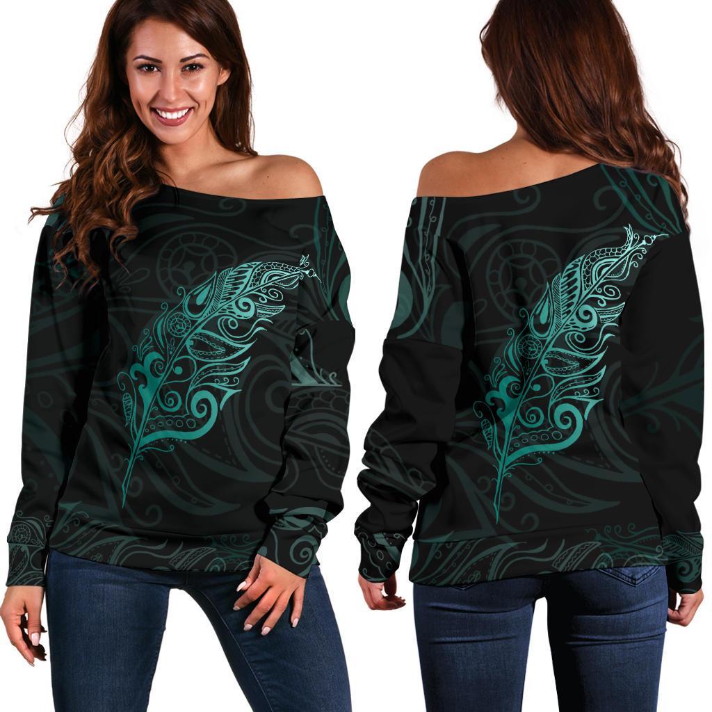 Light Silver Fern Off Shoulder Sweater - Turquoise - Vibe Hoodie
