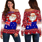 Christmas Women's Off Shoulder Sweater - Australia Santa Claus Hold The Flag ( Red) - Vibe Hoodie