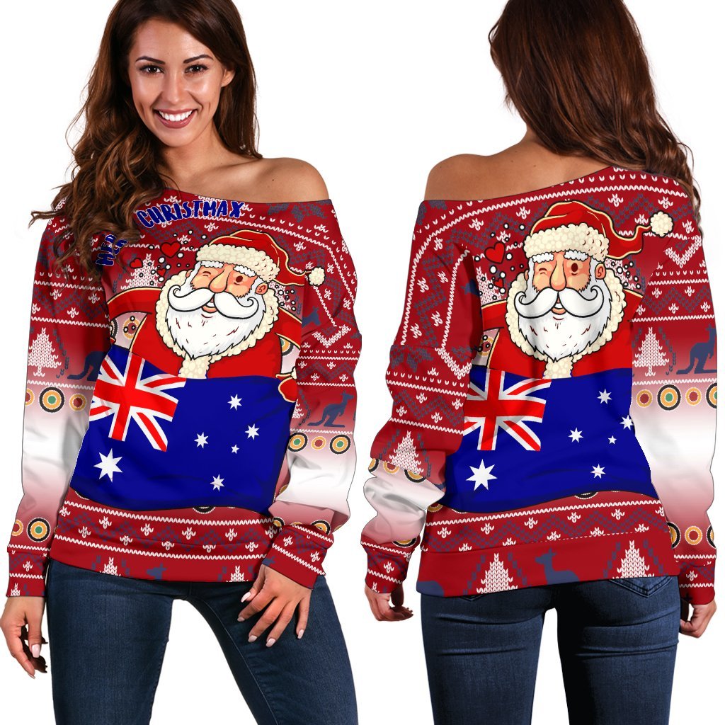 Christmas Women's Off Shoulder Sweater - Australia Santa Claus Hold The Flag ( Red) - Vibe Hoodie