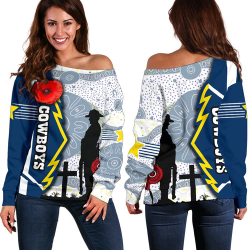 Cowboys Women Off Shoulder Sweater North Aboriginal Anzac Day - Vibe Hoodie