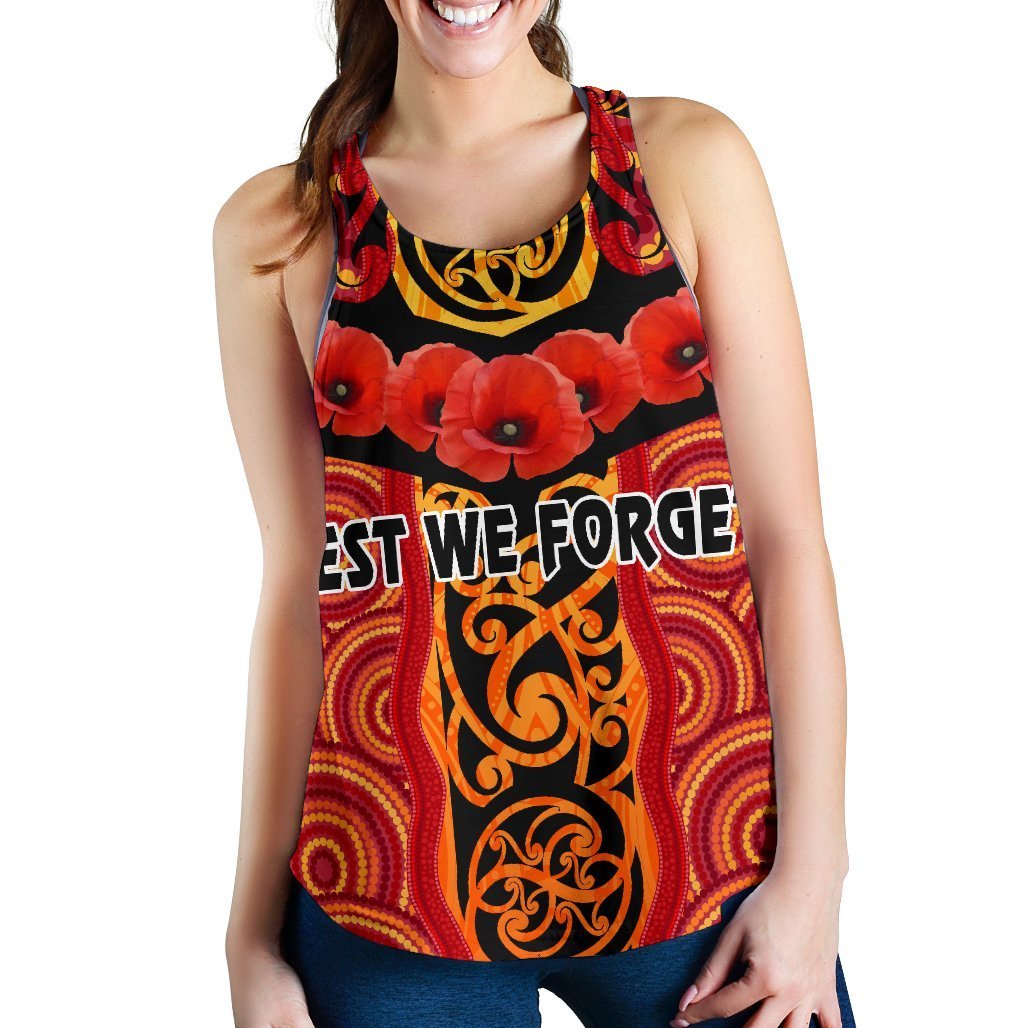 Anzac Lest We Forget Poppy Women Racerback Tank New Zealand Maori Silver Fern - Australia Aboriginal - Vibe Hoodie