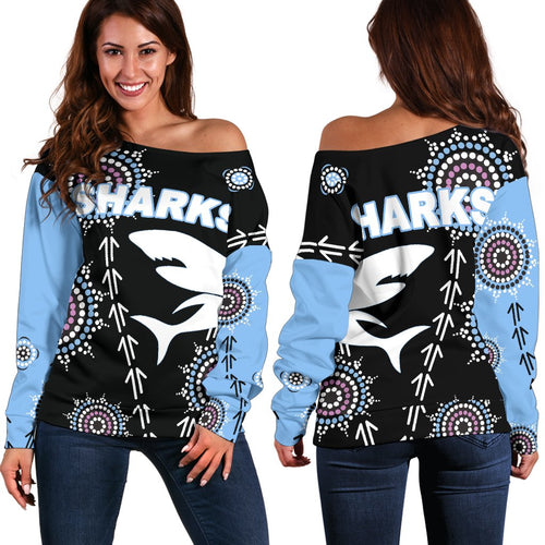 Cronulla Women's Off Shoulder Sweater Sharks Simple Indigenous - Black - Vibe Hoodie
