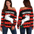 South Sydney Rabbitohs Women's Off Shoulder Sweater Anzac Day Poppy Flower Vibes - Vibe Hoodie