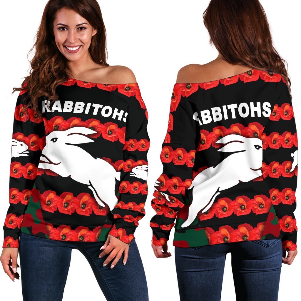 South Sydney Rabbitohs Women's Off Shoulder Sweater Anzac Day Poppy Flower Vibes - Vibe Hoodie