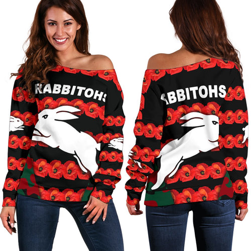 South Sydney Rabbitohs Women's Off Shoulder Sweater Anzac Day Poppy Flower Vibes - Vibe Hoodie