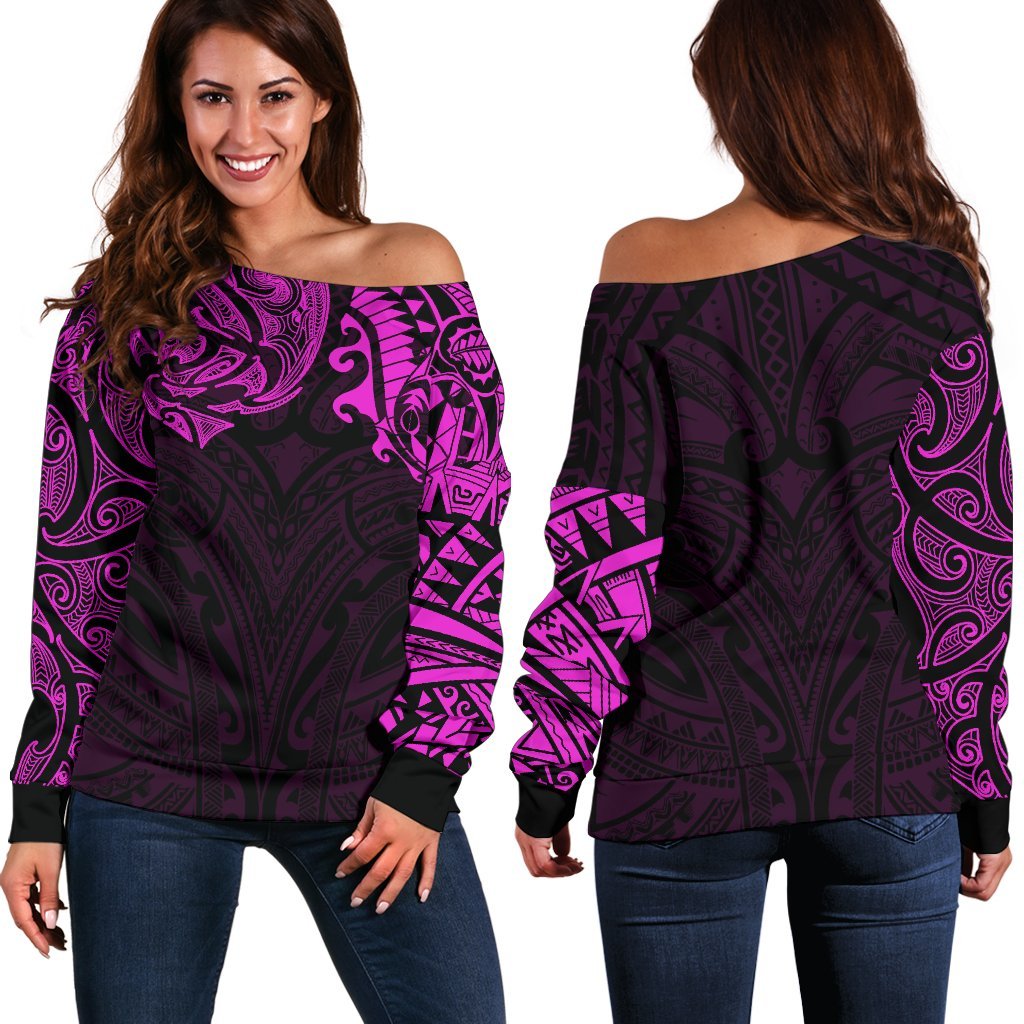 New Zealand Women's Off Shoulder Sweater, Maori Polynesian Tattoo Purple - Vibe Hoodie