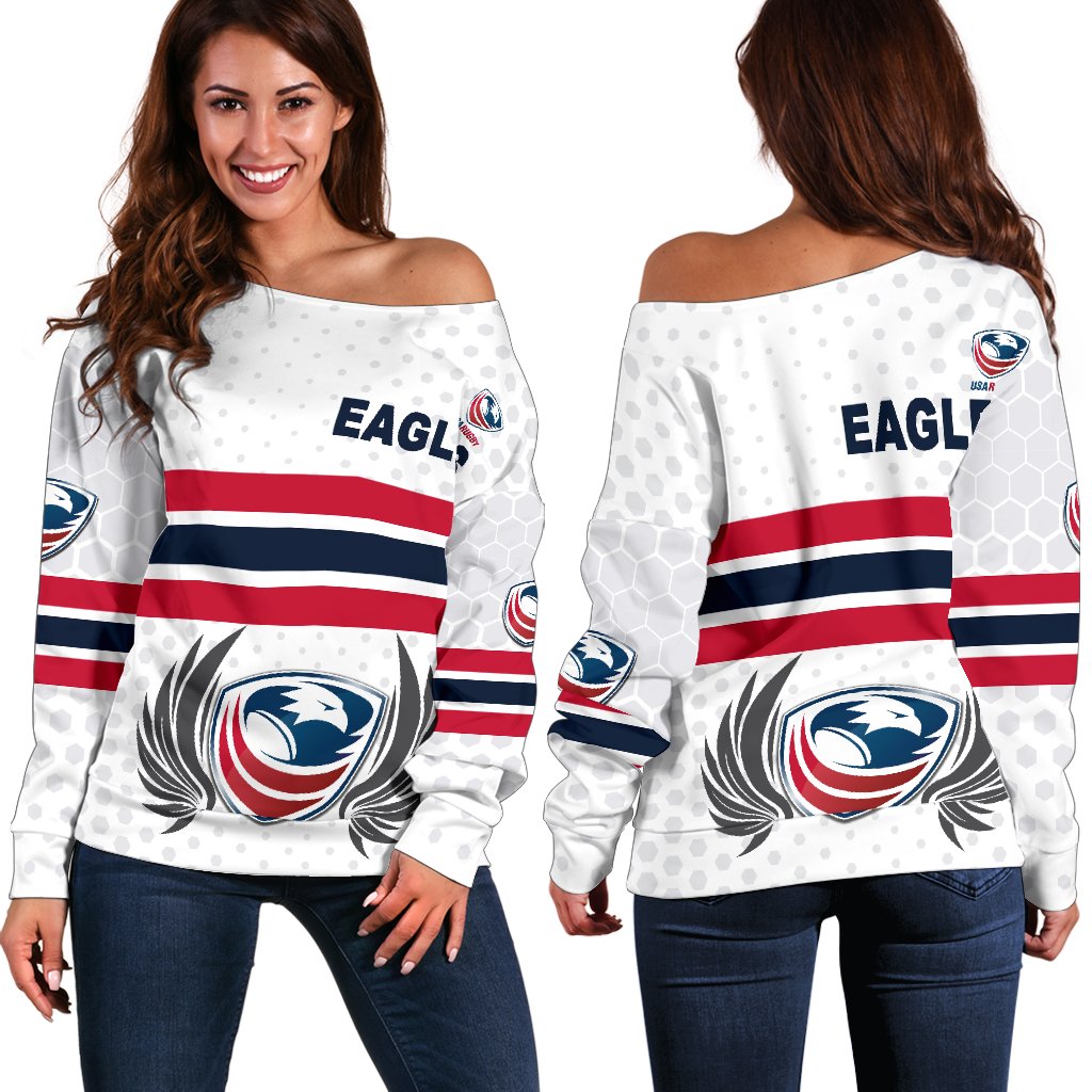 USA Rugby Women's Off Shoulder Sweater Eagles Simple Style - White - Vibe Hoodie