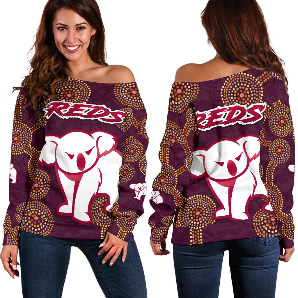 Queensland Women Off Shoulder Sweater Indigenous Reds - Vibe Hoodie