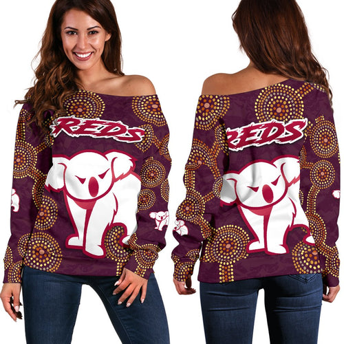 Queensland Women Off Shoulder Sweater Indigenous Reds - Vibe Hoodie