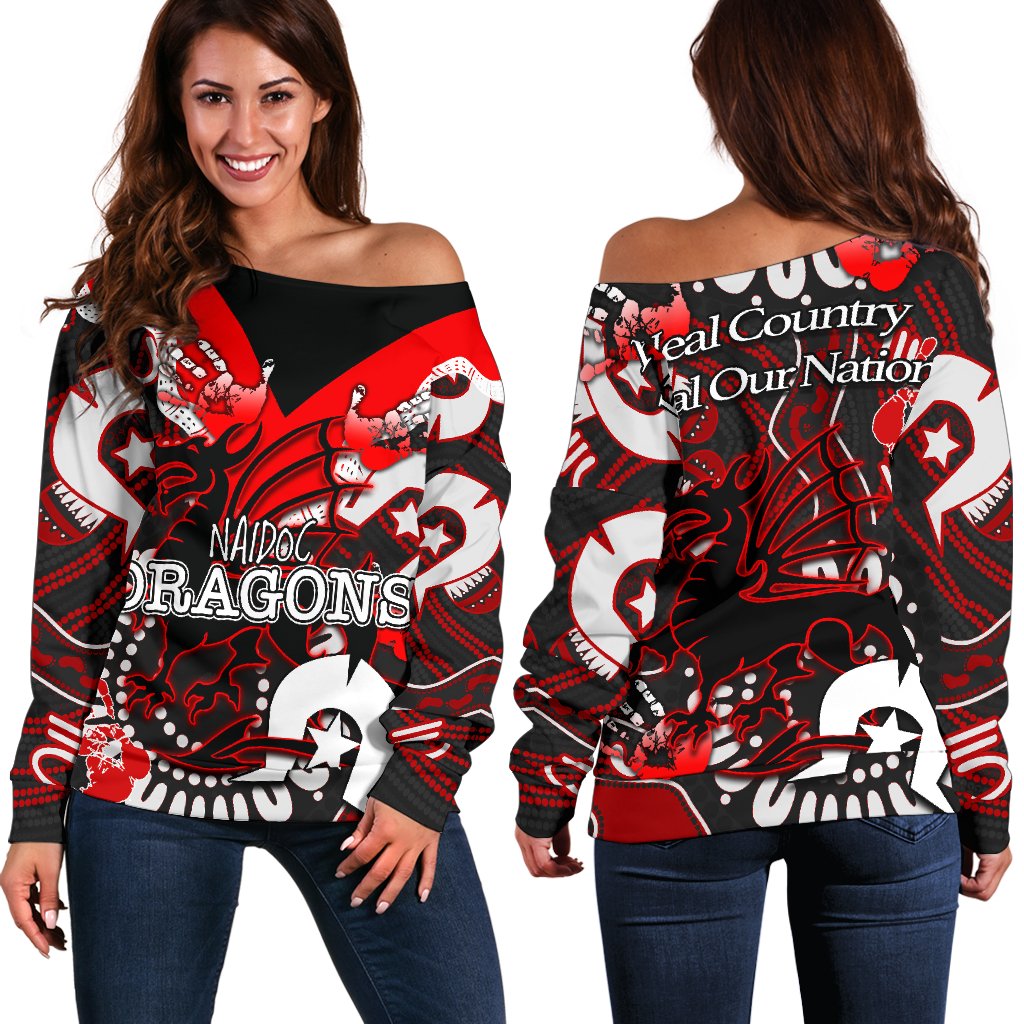 Naidoc St. George Illawarra Dragons Women's Off Shoulder Sweater Naidoc Patterns Black Style