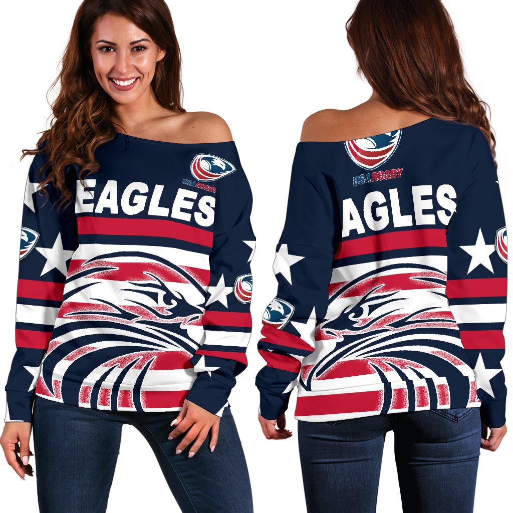 USA Rugby Women's Off Shoulder Sweater Eagles Simple Style - Navy - Vibe Hoodie
