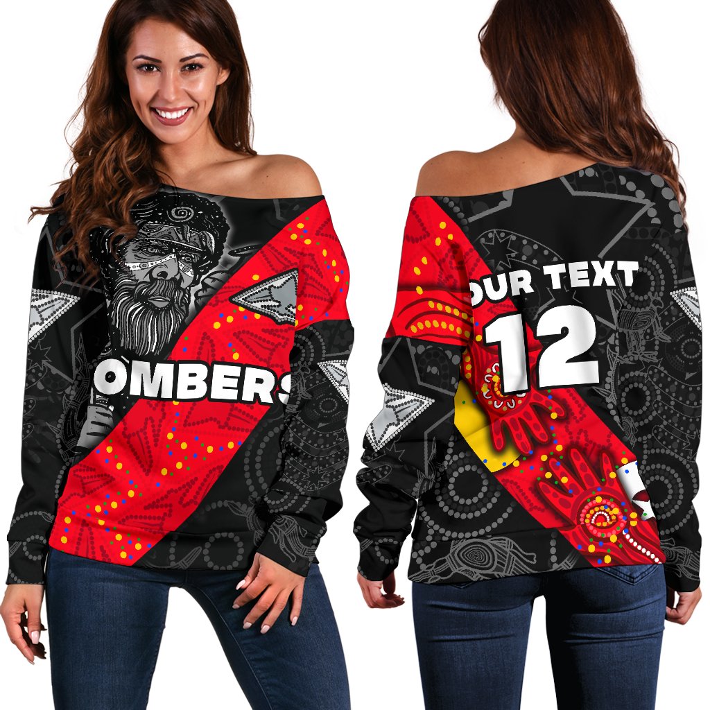 (Custom Personalised) Bombers Naidoc Week Women's Off Shoulder Sweater Essendon Ingenious Spesial Version - Custom Text and Number - Vibe Hoodie