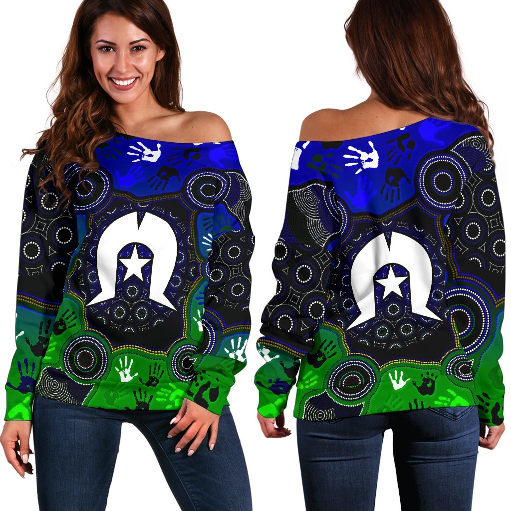 Aboriginal  Women's Off Shoulder Sweater - Torres Strait Symbol With Indigenous Patterns - Vibe Hoodie