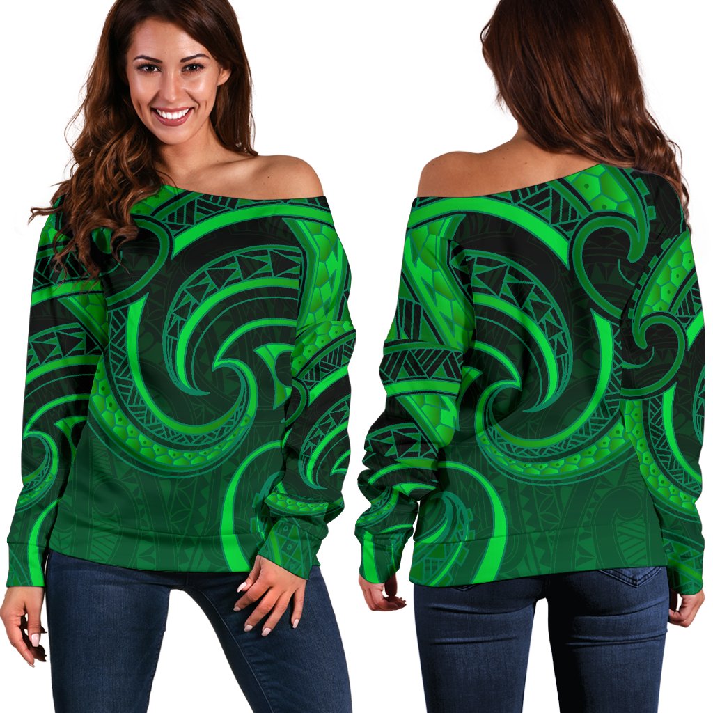 New Zealand Maori Mangopare Women Off Shoulder Sweater Polynesian - Green - Vibe Hoodie