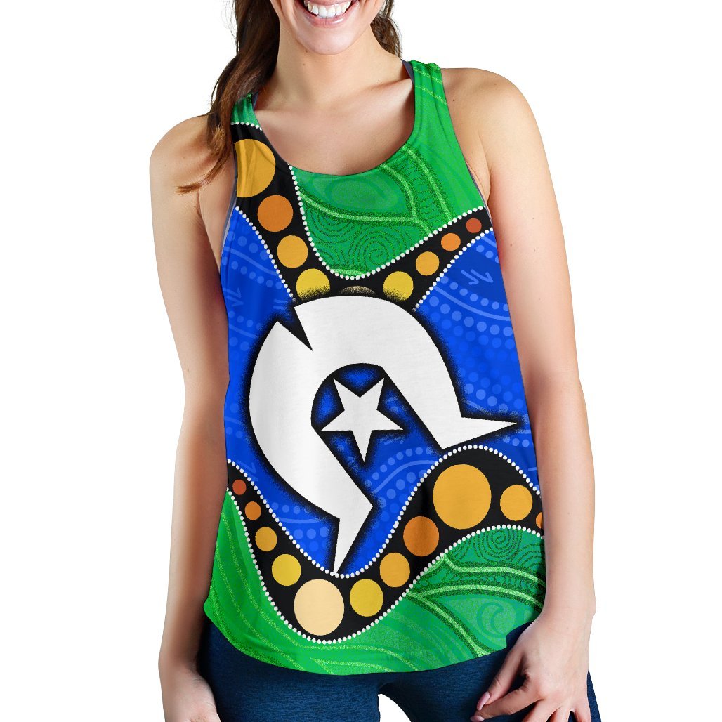 Torres Strait Islands Women's Racerback Tank -  Flag with Aboriginal Patterns - Vibe Hoodie