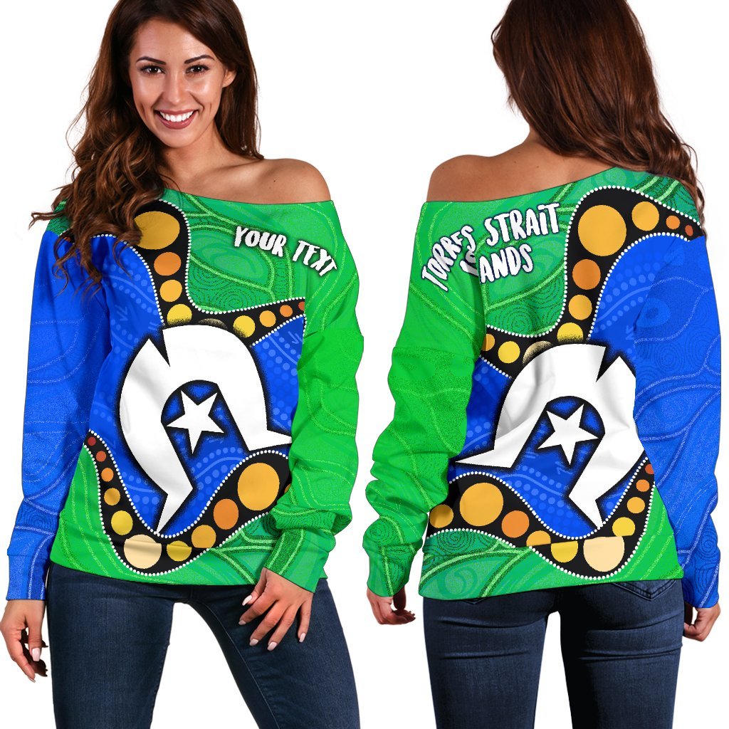 [Custom] Torres Strait Islands Women's Off Shoulder Sweater -  Flag with Aboriginal Patterns - Vibe Hoodie