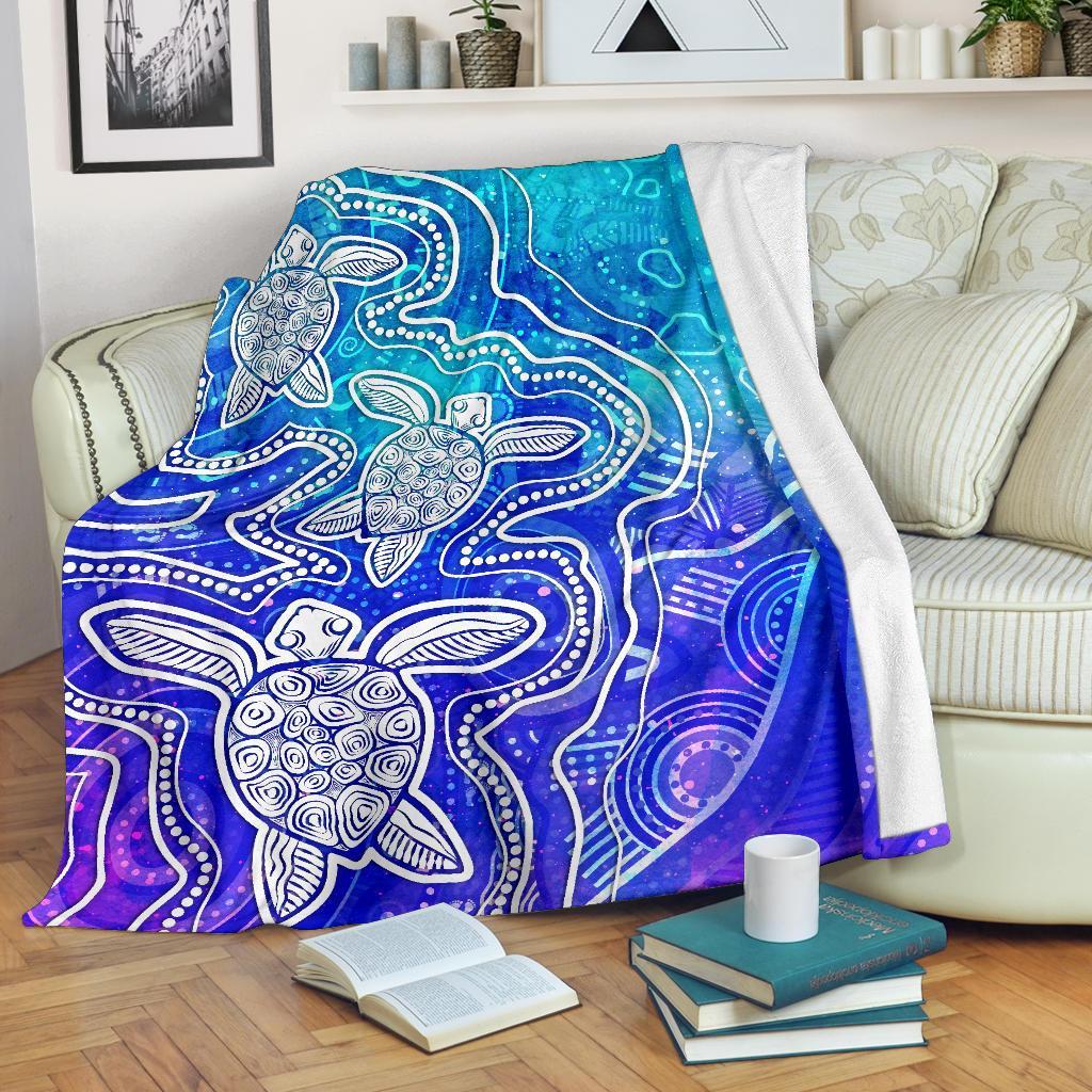 aboriginal-premium-blanket-sea-turtle-with-indigenous-patterns-blue