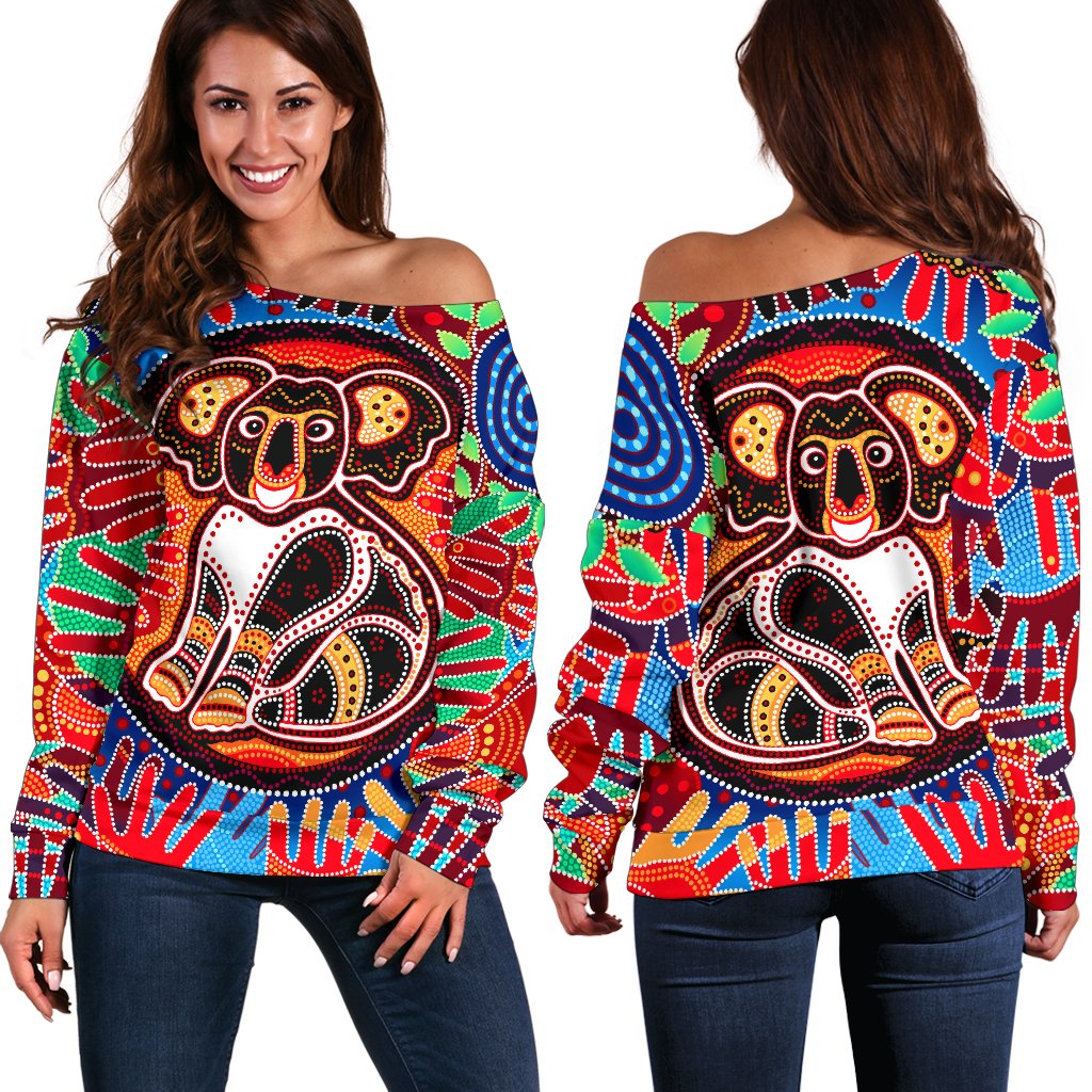 Aboriginal Off Shoulder Sweater, Koala and Hand Art Dot Painting Sweater - Vibe Hoodie