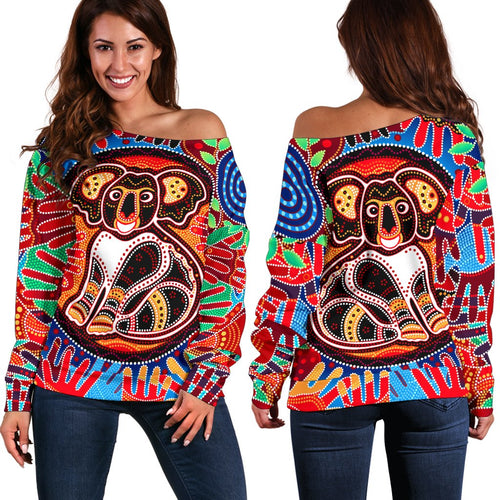 Aboriginal Off Shoulder Sweater, Koala and Hand Art Dot Painting Sweater - Vibe Hoodie