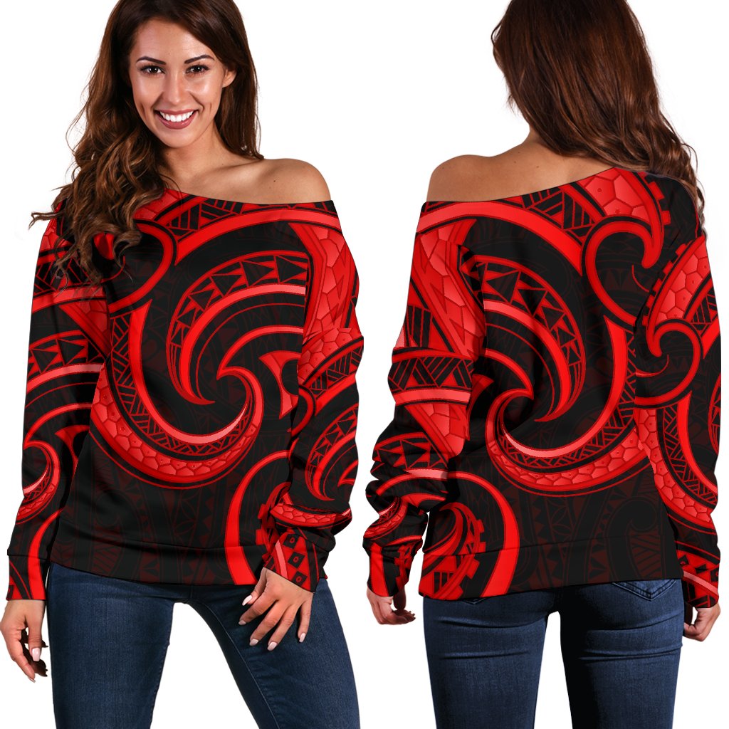 New Zealand Maori Mangopare Women Off Shoulder Sweater Polynesian - Red - Vibe Hoodie
