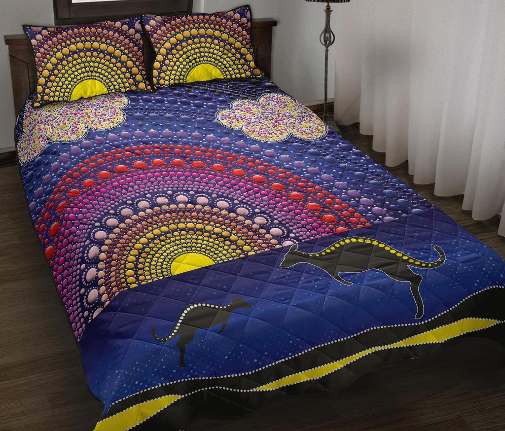 aboriginal-quilt-bed-set-sunset-over-the-sea-and-kangaroo-dot-painting