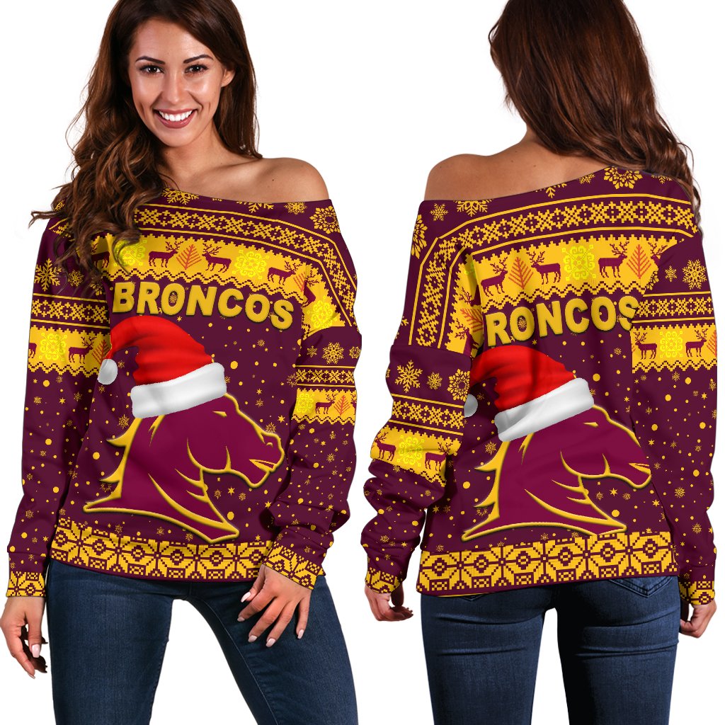 Brisbane Women Off Shoulder Sweater Broncos Christmas Unique Vibes - Maroon - Vibe Hoodie