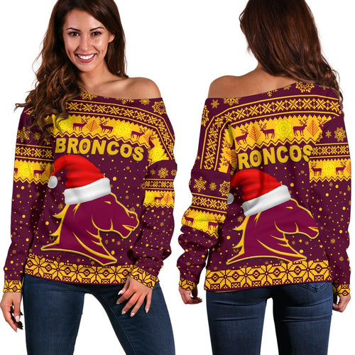 Brisbane Women Off Shoulder Sweater Broncos Christmas Unique Vibes - Maroon - Vibe Hoodie