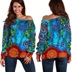 Aboriginal Women's Off Shoulder Sweater - Aussie Indigenous Patterns Blue - Vibe Hoodie