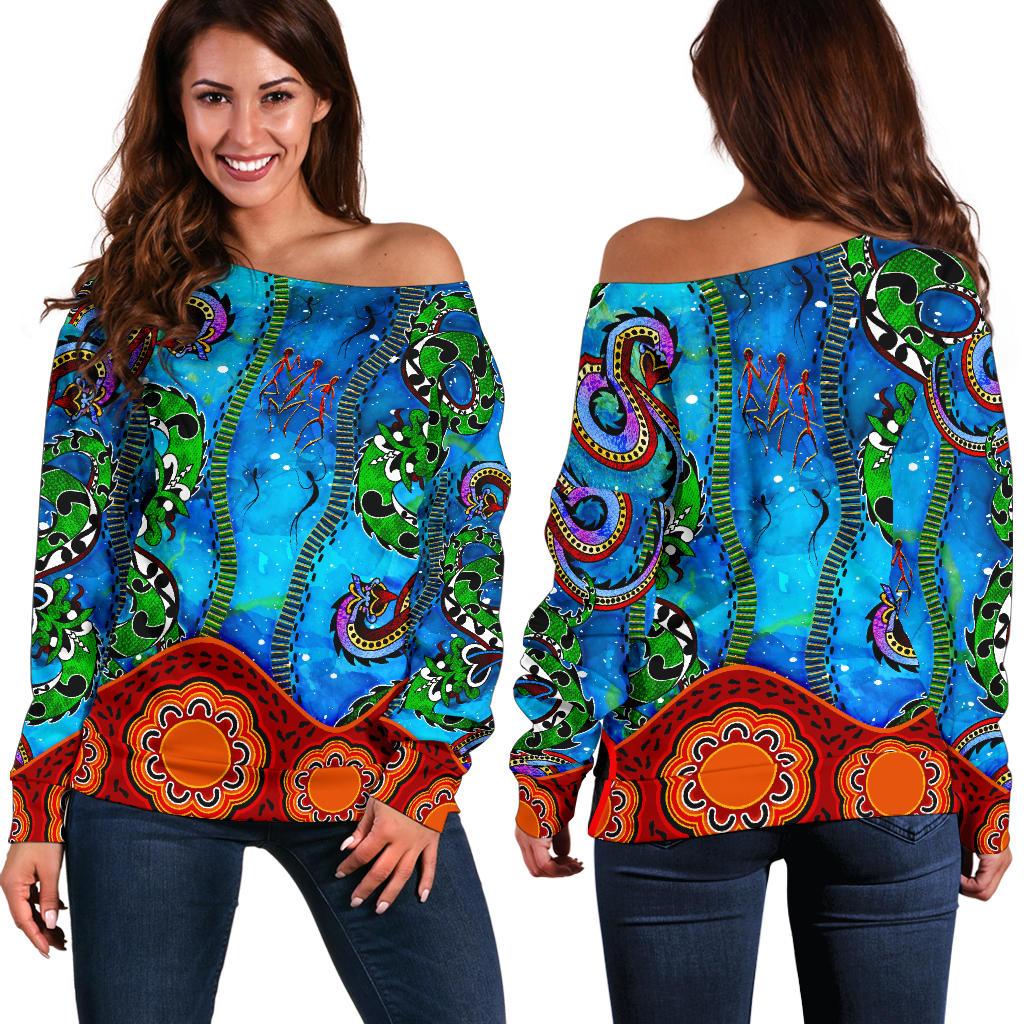 Aboriginal Women's Off Shoulder Sweater - Aussie Indigenous Patterns Blue - Vibe Hoodie