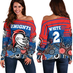 (Custom Personalised) Knights Women's Off Shoulder Sweater Newcastle Aboriginal Horizontal Style - White TH12 - Vibe Hoodie