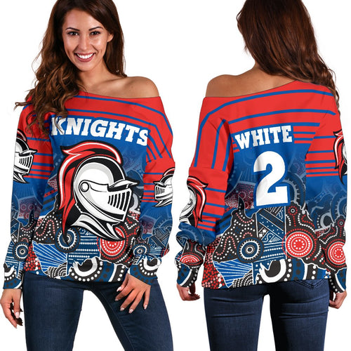(Custom Personalised) Knights Women's Off Shoulder Sweater Newcastle Aboriginal Horizontal Style - White TH12 - Vibe Hoodie