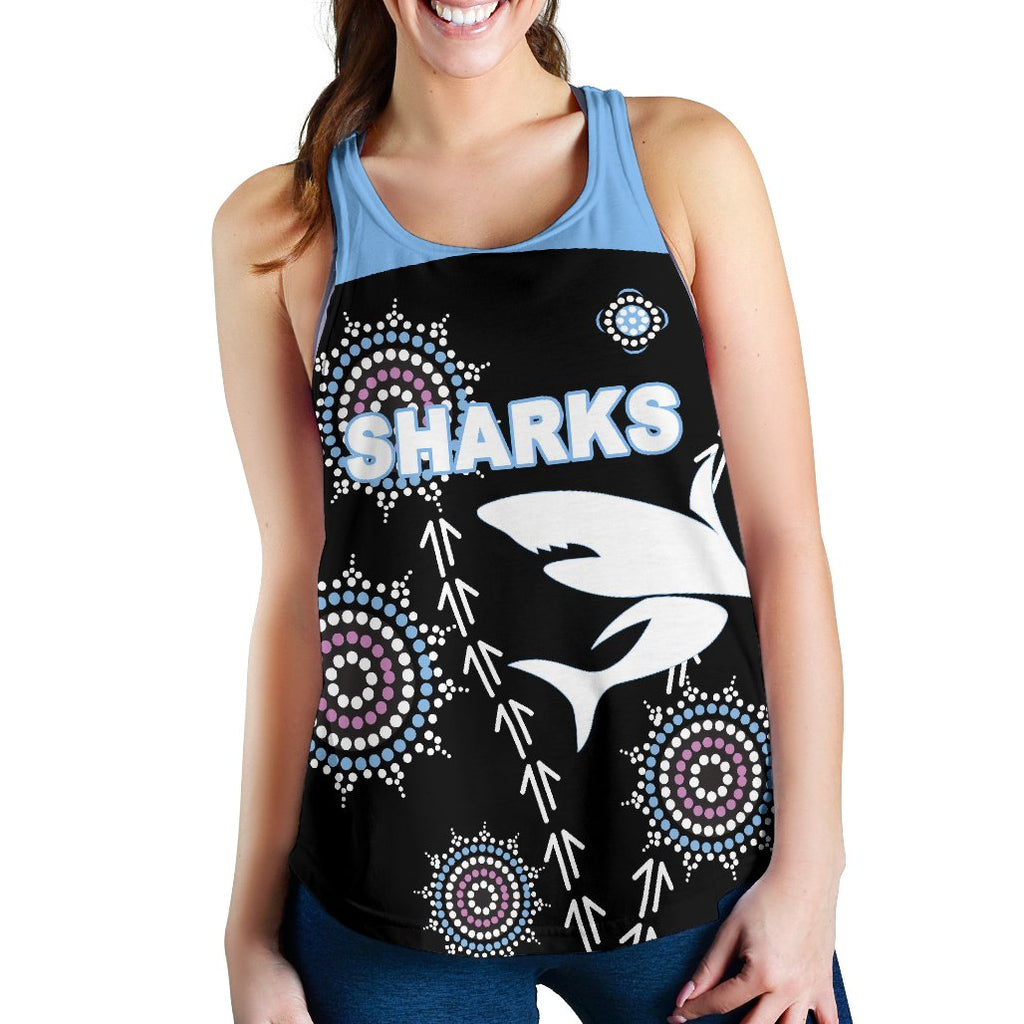 Cronulla Women's Racerback Tank Sharks Simple Indigenous - Black - Vibe Hoodie
