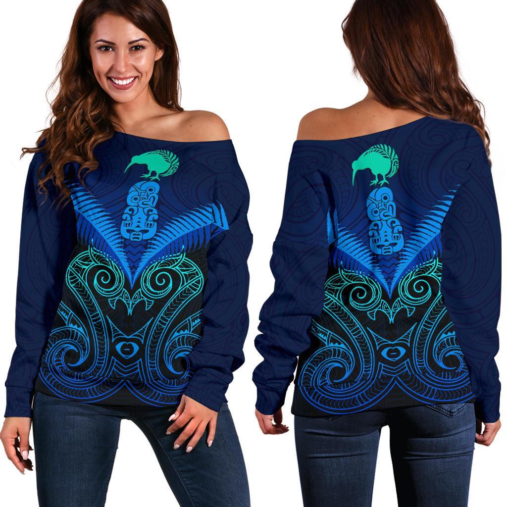 Maori Manaia New Zealand Off Shoulder Sweater Blue - Vibe Hoodie