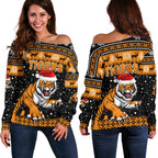 Wests Christmas Women's Off Shoulder Sweater Tigers Unique Vibes - Black - Vibe Hoodie