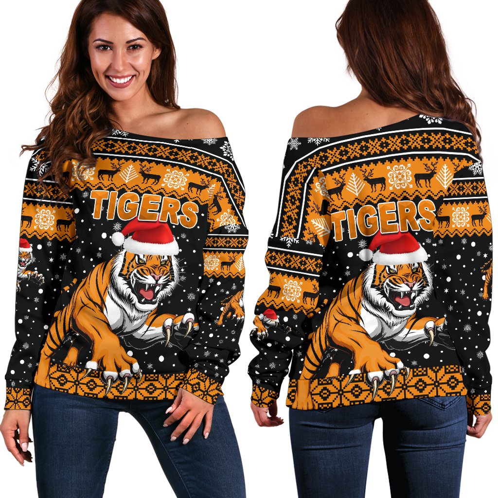 Wests Christmas Women's Off Shoulder Sweater Tigers Unique Vibes - Black - Vibe Hoodie