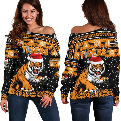 Wests Christmas Women's Off Shoulder Sweater Tigers Unique Vibes - Black - Vibe Hoodie