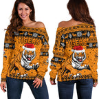 Wests Christmas Women's Off Shoulder Sweater Tigers Unique Vibes - Orange - Vibe Hoodie