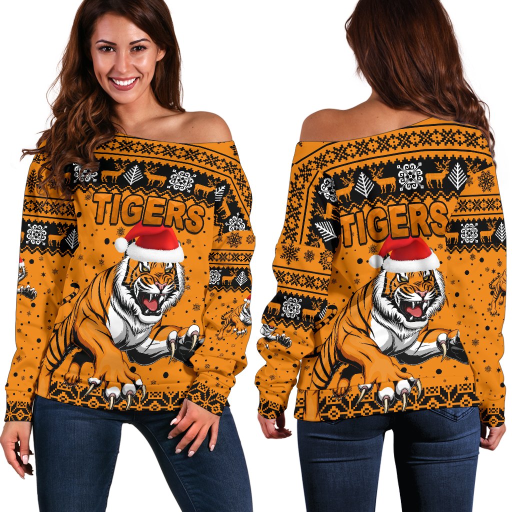 Wests Christmas Women's Off Shoulder Sweater Tigers Unique Vibes - Orange - Vibe Hoodie