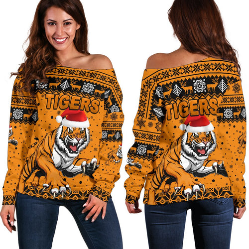 Wests Christmas Women's Off Shoulder Sweater Tigers Unique Vibes - Orange - Vibe Hoodie