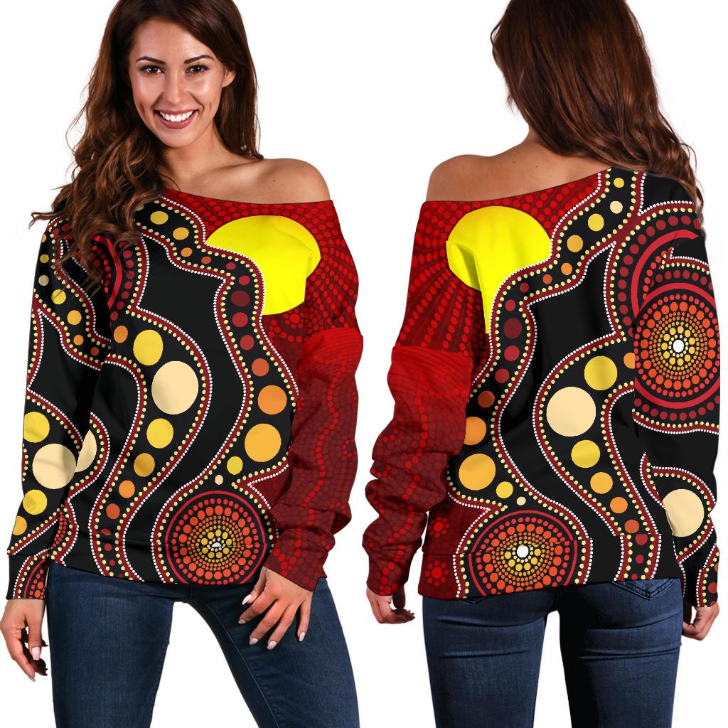 Aboriginal Off Shoulder Sweater, Australia Aboriginal Lives Matter Flag Circle Dot Painting Art Sweater - Vibe Hoodie