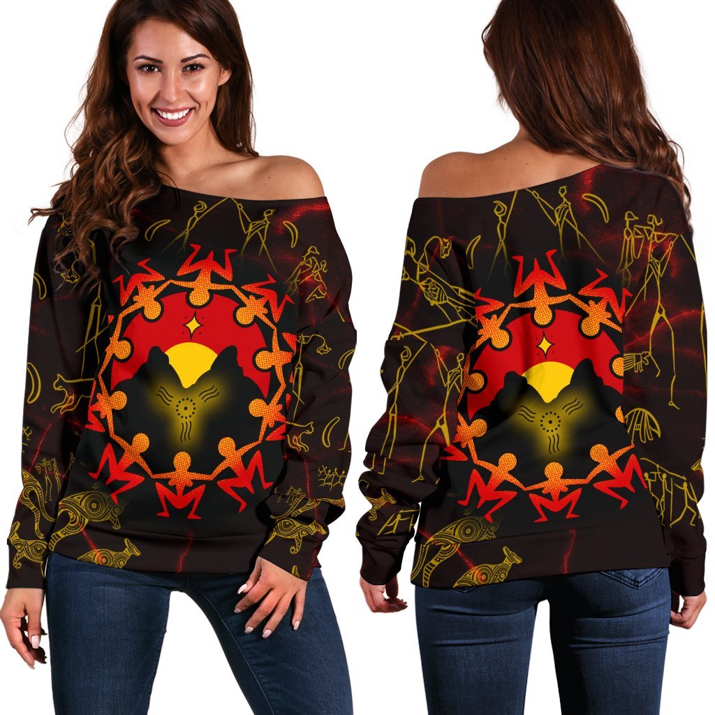 Aboriginal Women's Off Shoulder Sweater - Australia Map and Indigenous Flag - Vibe Hoodie