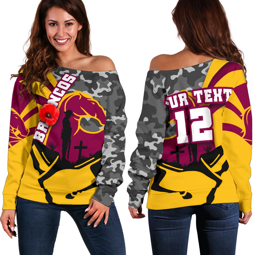 (Custom Personalised) Brisbane Broncos Women's Off Shoulder Sweater Anzac Day - Camo Style - Vibe Hoodie