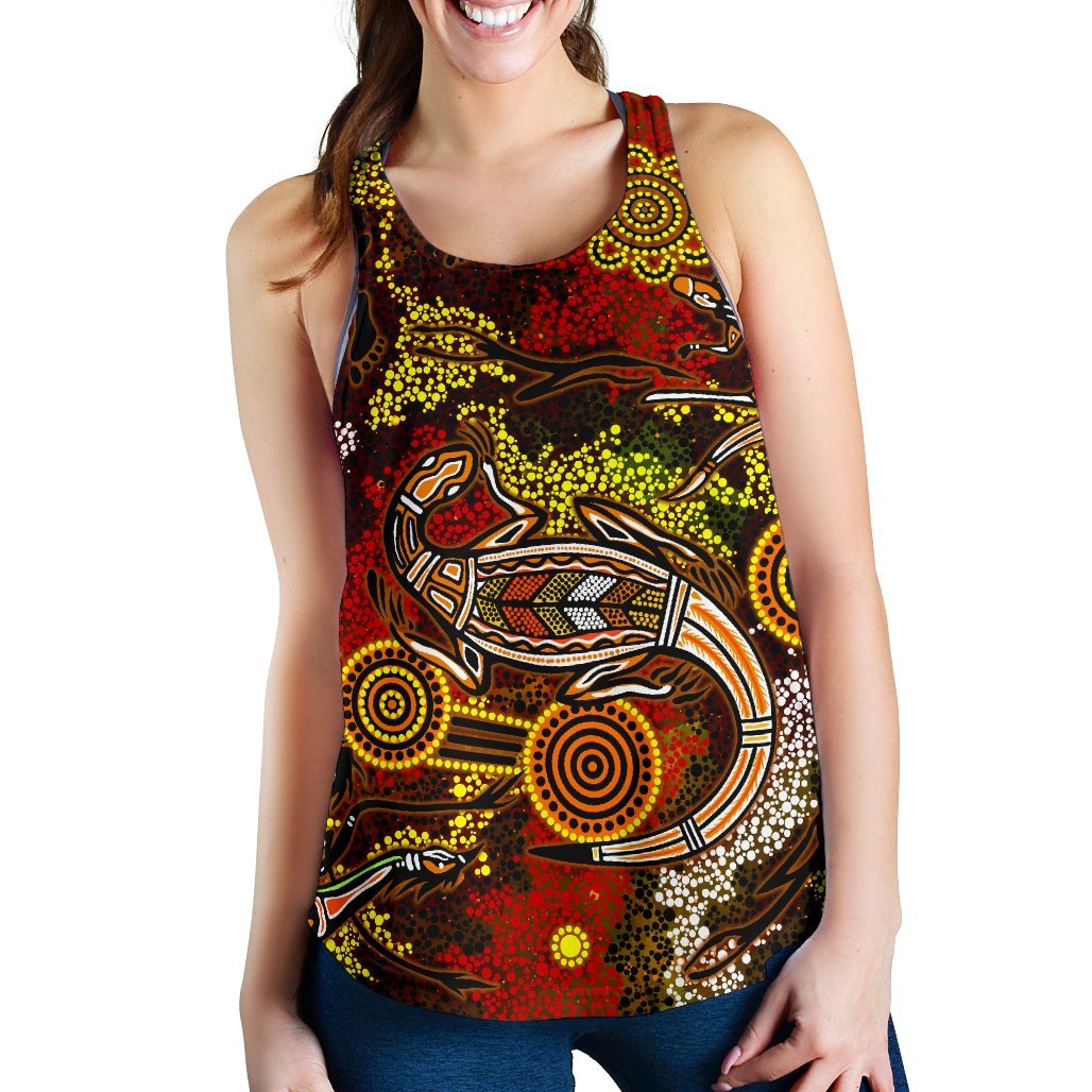 Aboriginal Women's Racerback Tank , Kangaroo and Lizard Dot Painting Art - Vibe Hoodie